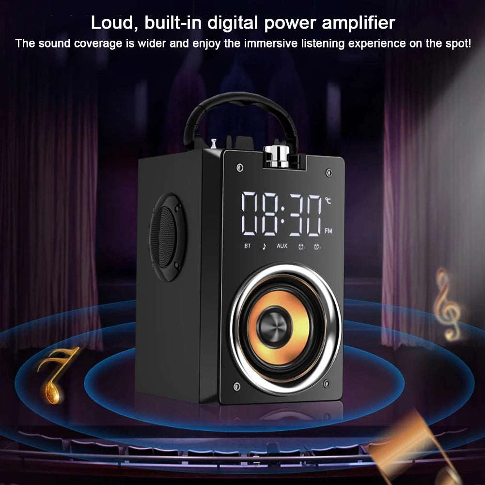 Portable black wooden Bluetooth speaker with a digital clock display, carry handle, and front-facing gold speaker cone.