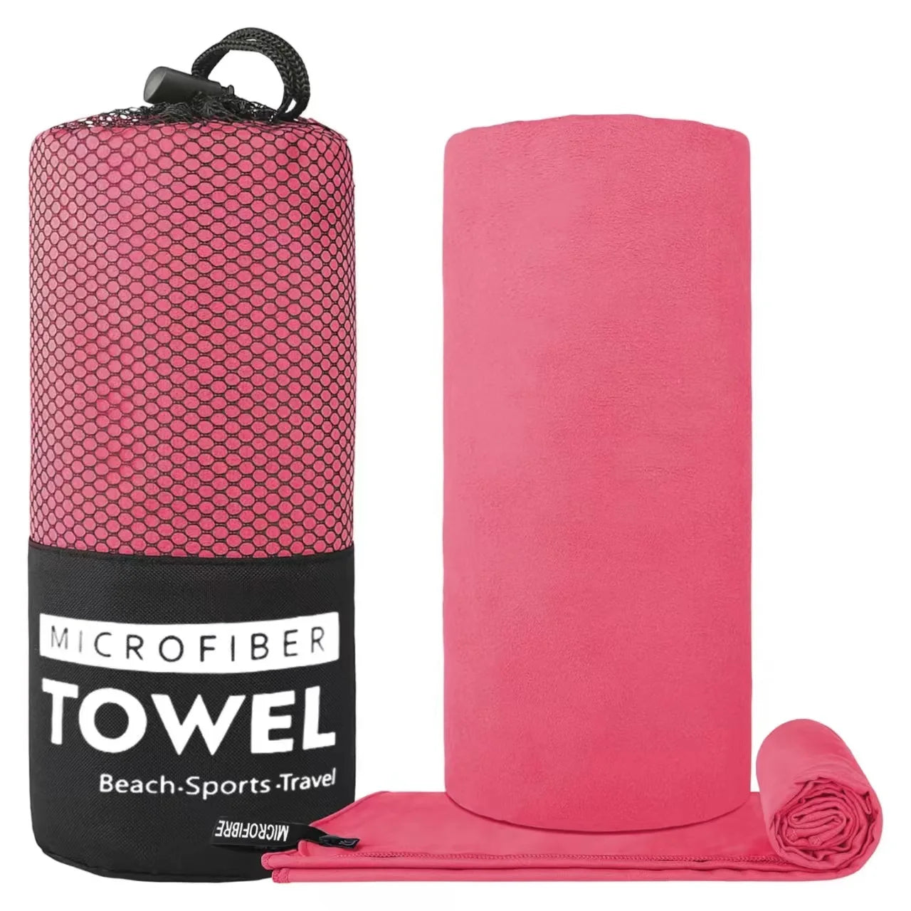 A vibrant pink microfibre towel with a matching black mesh storage pouch for travel, sports, and beach use.