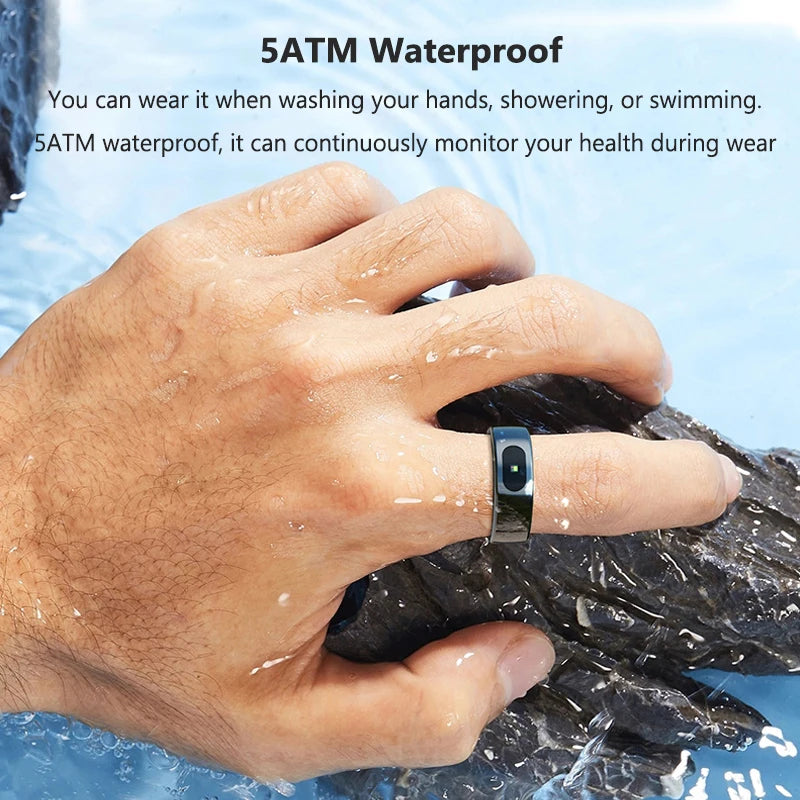 Sleek black smart health tracking ring worn on a finger in water, highlighting its waterproof design.