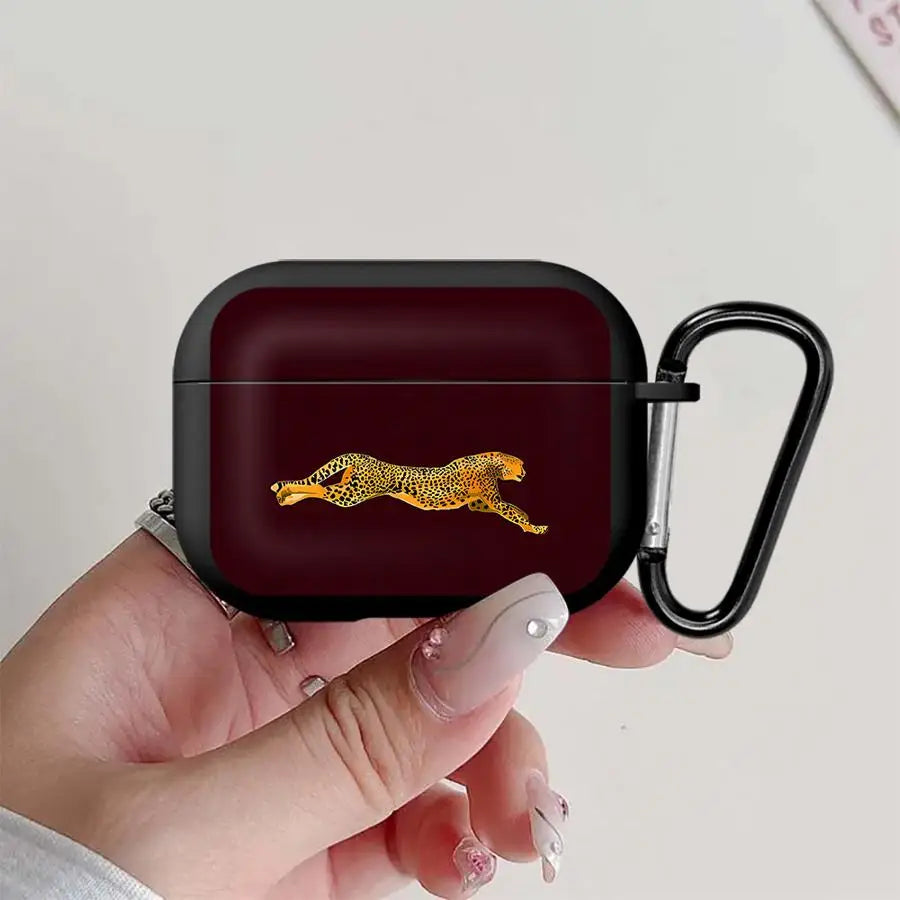 Black AirPods Pro case with a leaping cheetah design, featuring a matching black carabiner clip.