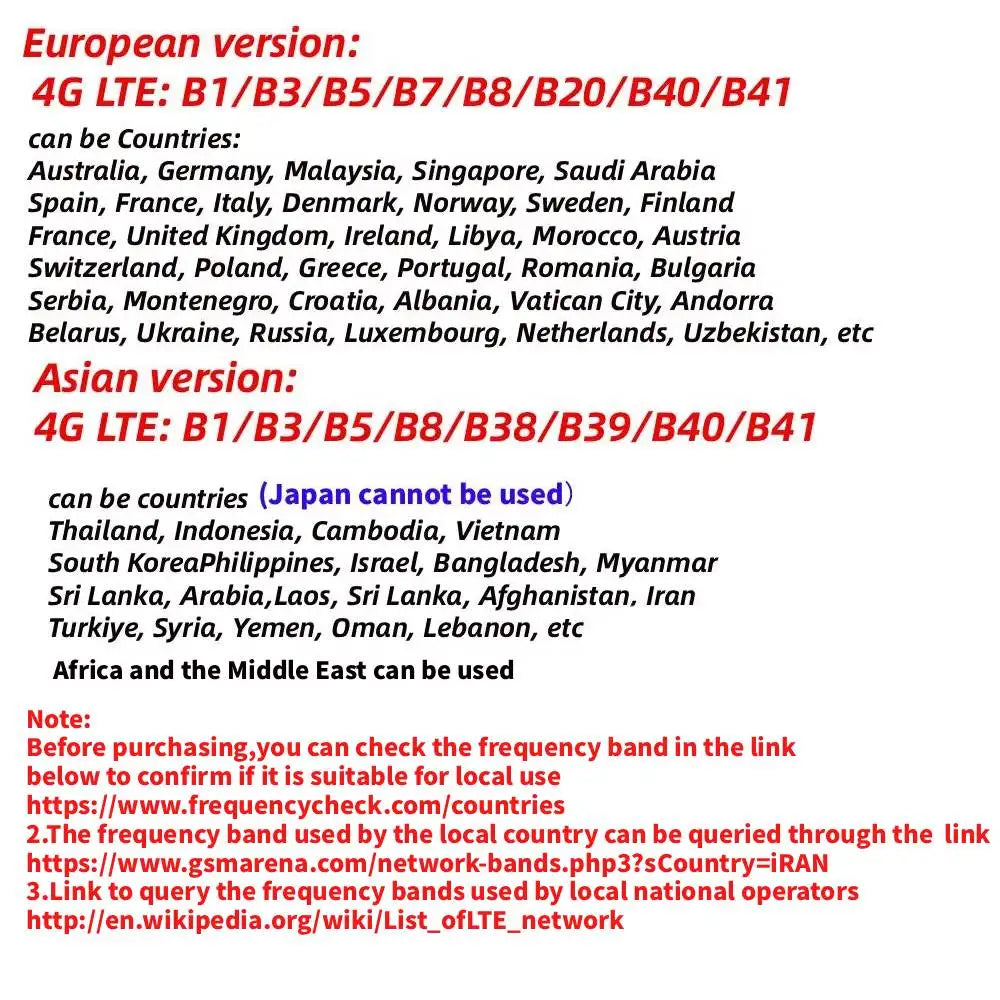 Informational text listing regional compatibility and 4G LTE frequency bands for a portable WiFi hotspot router.