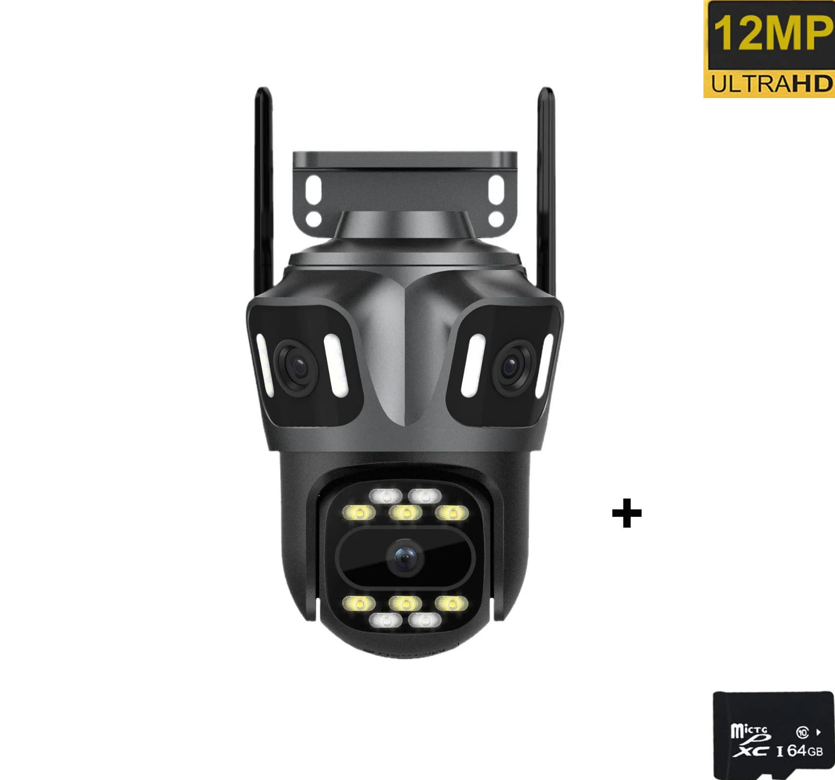 Grey quad-lens outdoor security camera with antennas, LED floodlights and a 64GB MicroSD card.