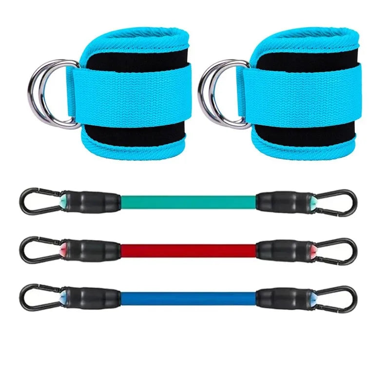 Bright blue ankle straps with D-rings and three resistance bands in green, red, and blue on a white background.