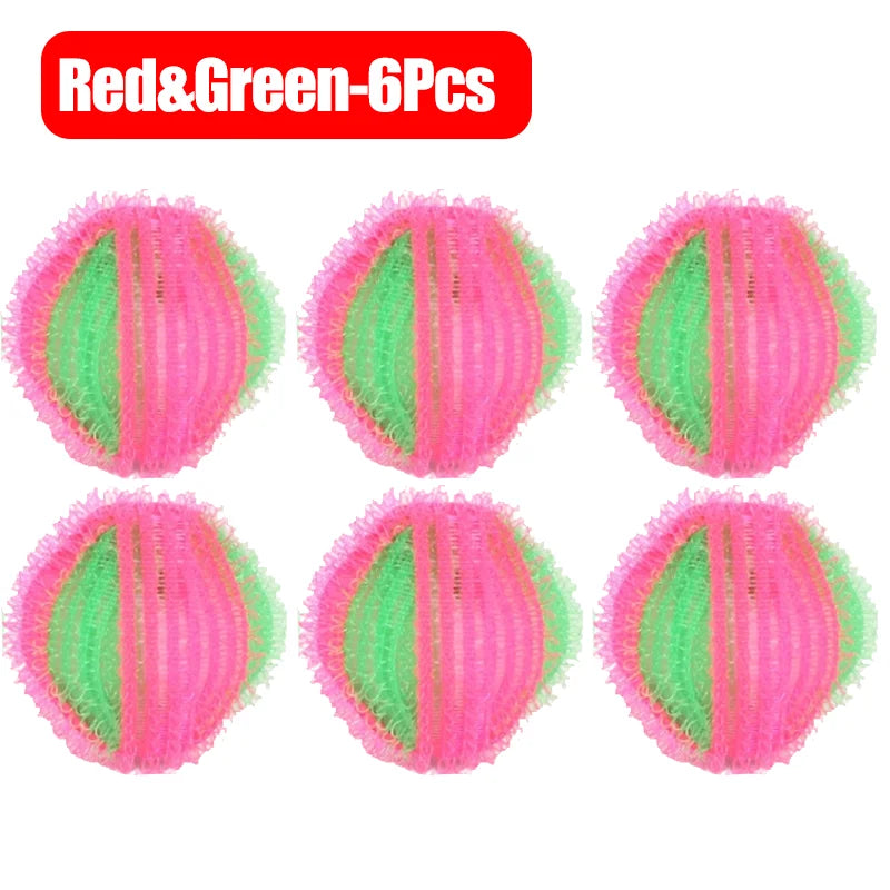 A set of six round, textured laundry dryer balls with striped pink and green mesh patterns.