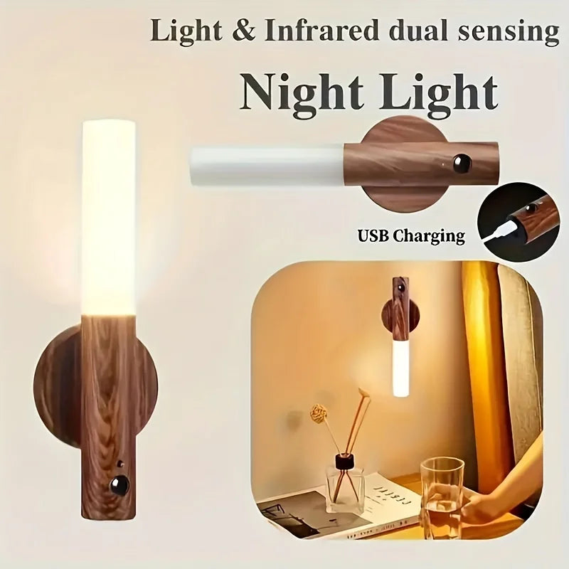 USB rechargeable wall-mounted night light with wood-effect finish, motion sensor, and soft white LED glow.