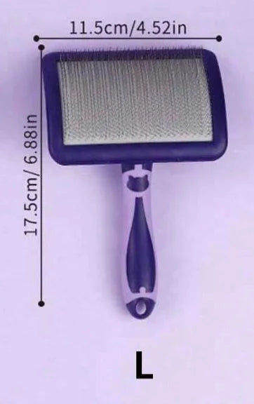 Purple and lilac dog grooming slicker brush with fine metal bristles and a cat-shaped handle design.