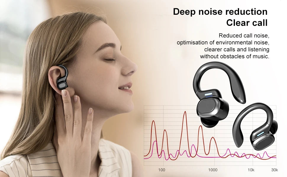 Woman wearing black, ergonomic open-ear wireless earbuds with a secure hook design for noise reduction.