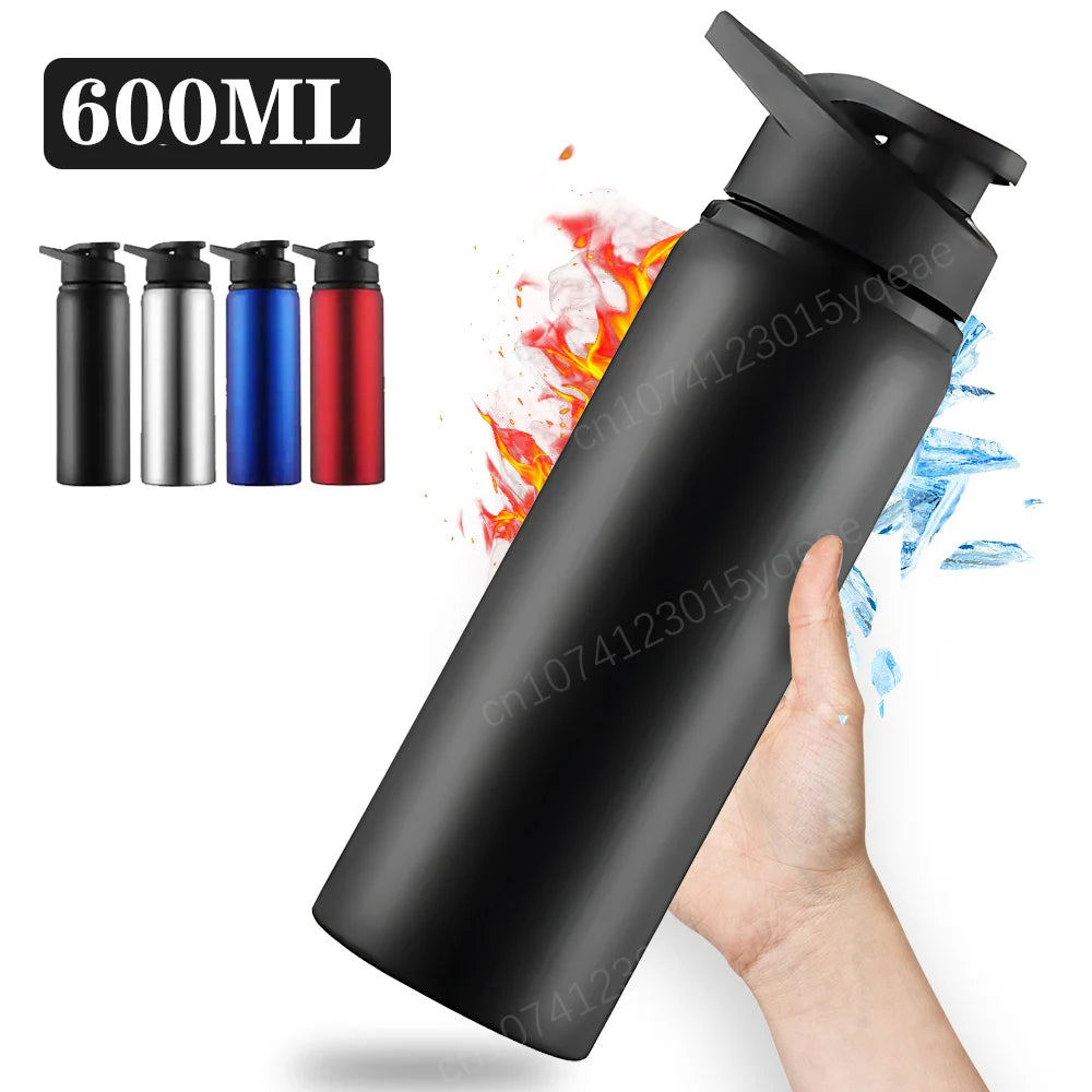A black 600ml insulated sports water bottle held in a hand, with fire and ice graphics and colour options shown.