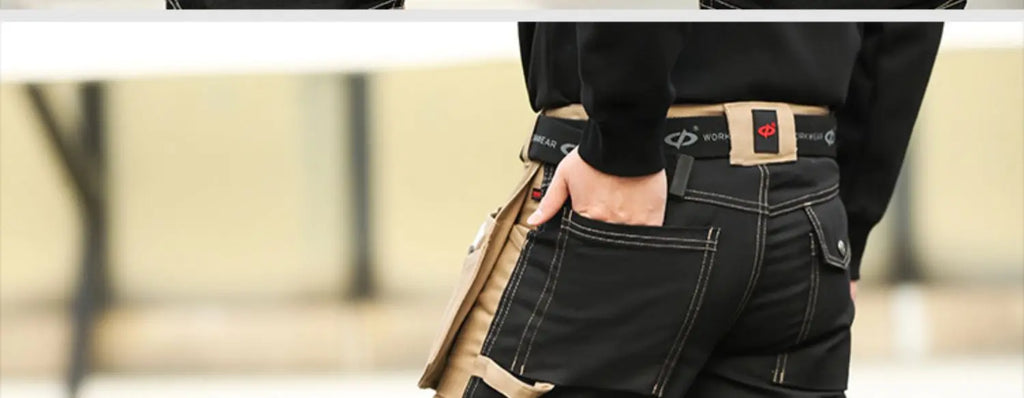 Black and beige men’s cargo work trousers with reinforced stitching, multi-purpose holster pockets and a utility belt.