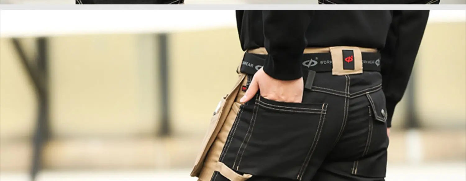 Black and beige men’s cargo work trousers with reinforced stitching, multi-purpose holster pockets and a utility belt.