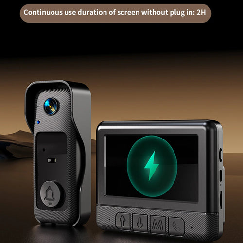 Black wireless video doorbell with a 4.3-inch screen, featuring night vision and a sleek, textured modern design.