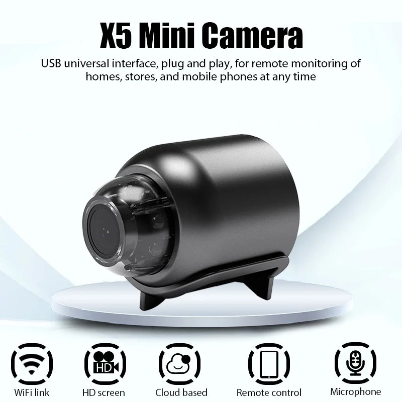 Black cylindrical mini security camera with a plastic casing, lens, and integrated mounting stand.