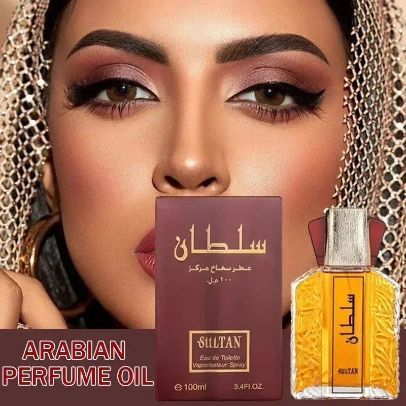 Sultan 100ml amber perfume bottle and burgundy box, featuring Arabic script and gold cap, against a woman's face.