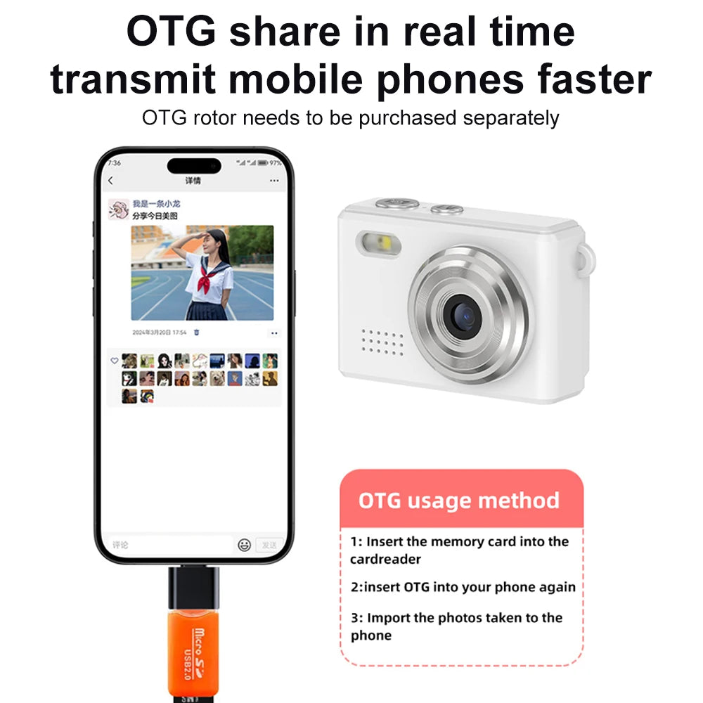 White plastic digital camera next to a smartphone connected via an orange USB OTG memory card reader.