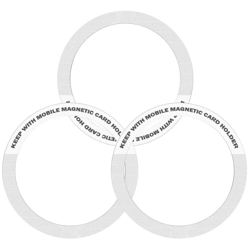 Three white circular adhesive rings for mobile magnetic card holders, featuring repeating black text on the border.