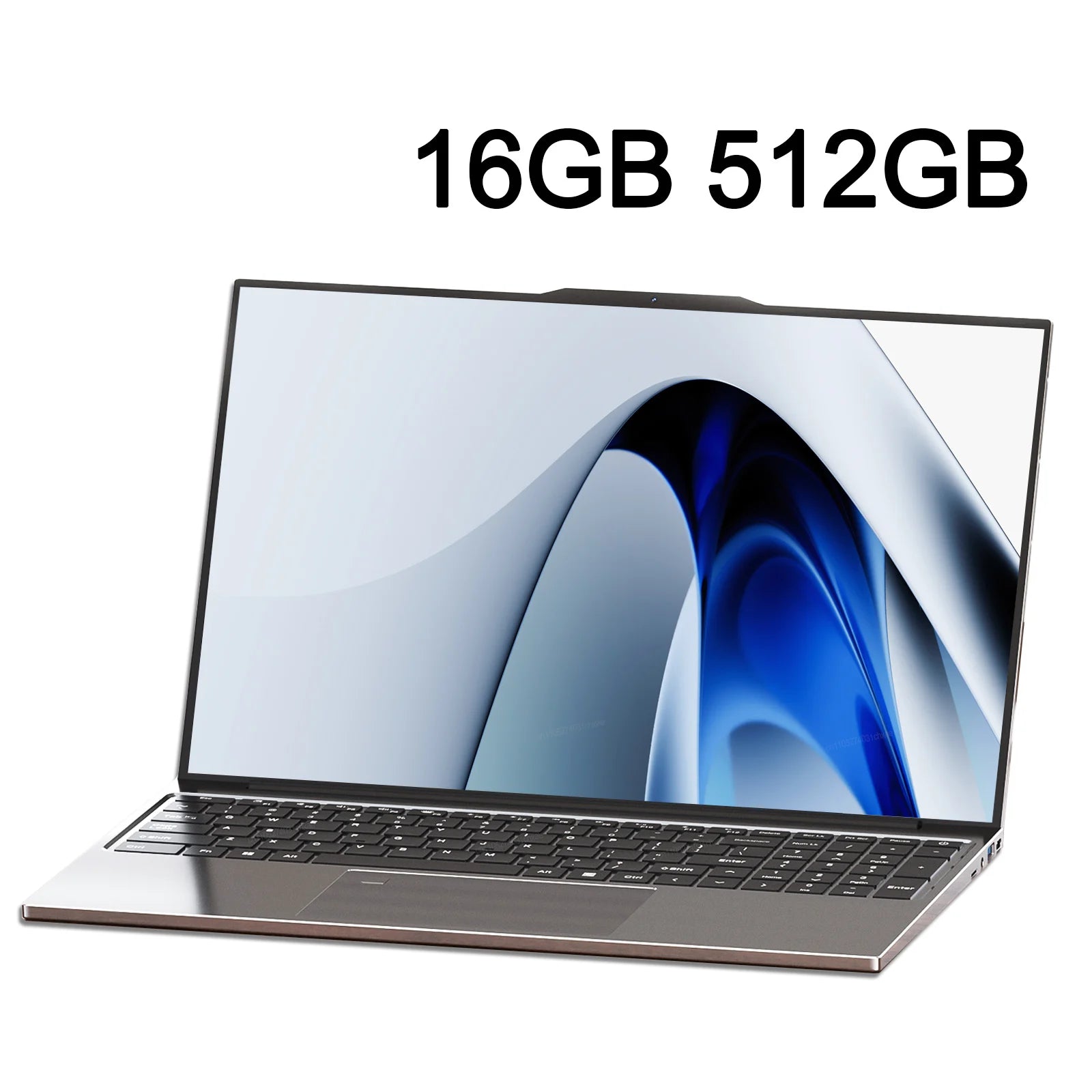 Sleek, slimline grey laptop with a 15.6-inch bezel-less screen displaying a blue abstract wallpaper.