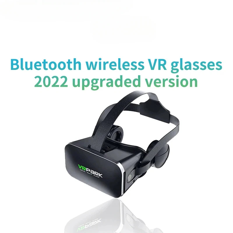Black wireless VR headset with an adjustable head strap and integrated headphones, presented on a white background.