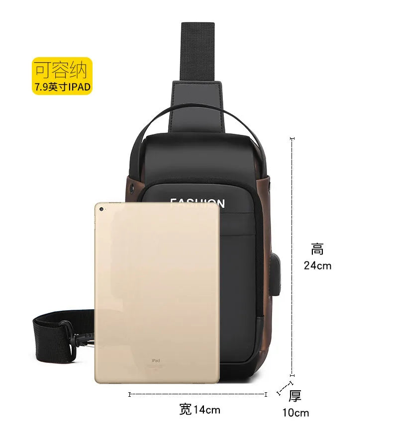 Black and brown anti-theft sling bag with a USB port, shown with a tablet to demonstrate its 24cm size.