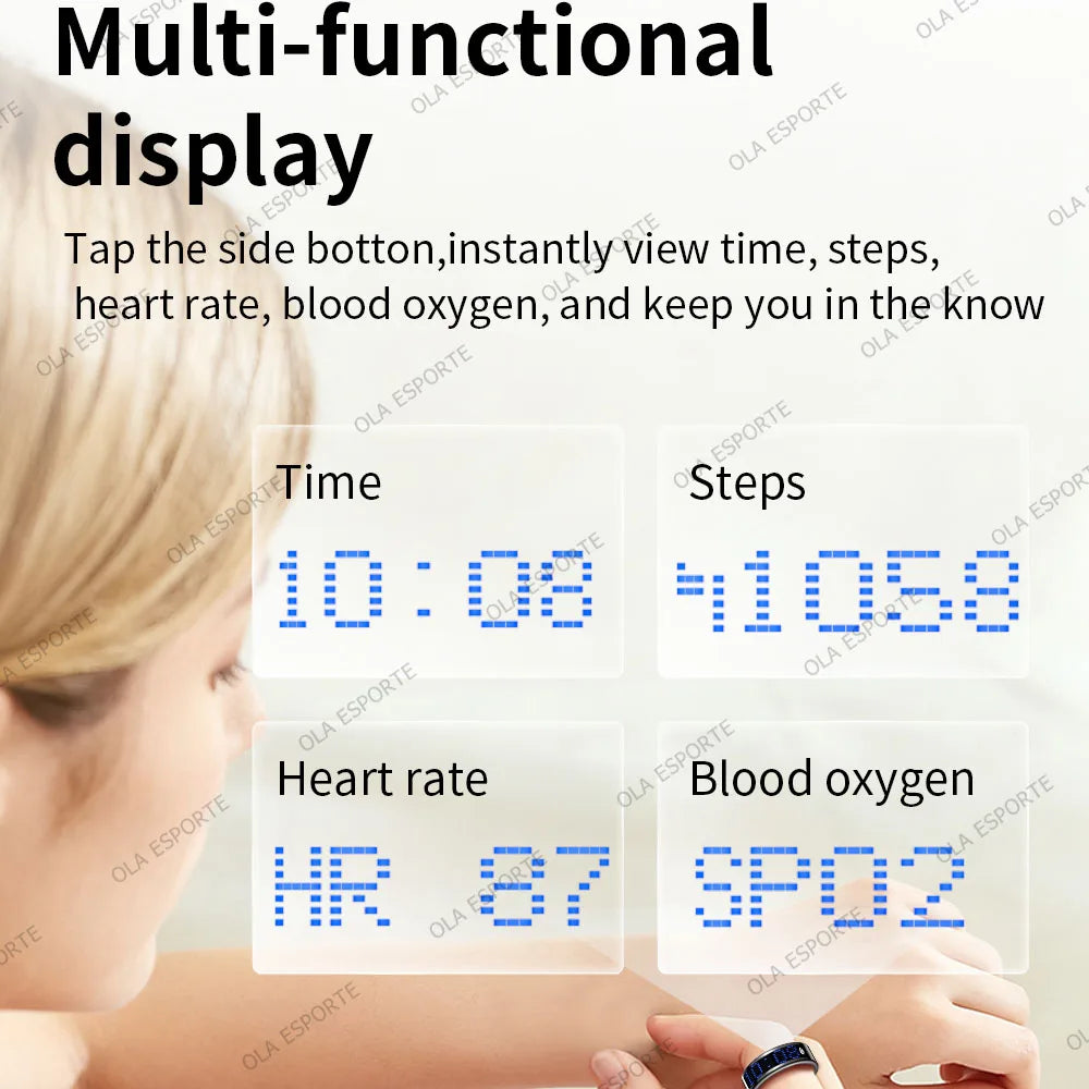 A sleek black smart ring with a digital touch display showing time, steps, heart rate, and blood oxygen levels.
