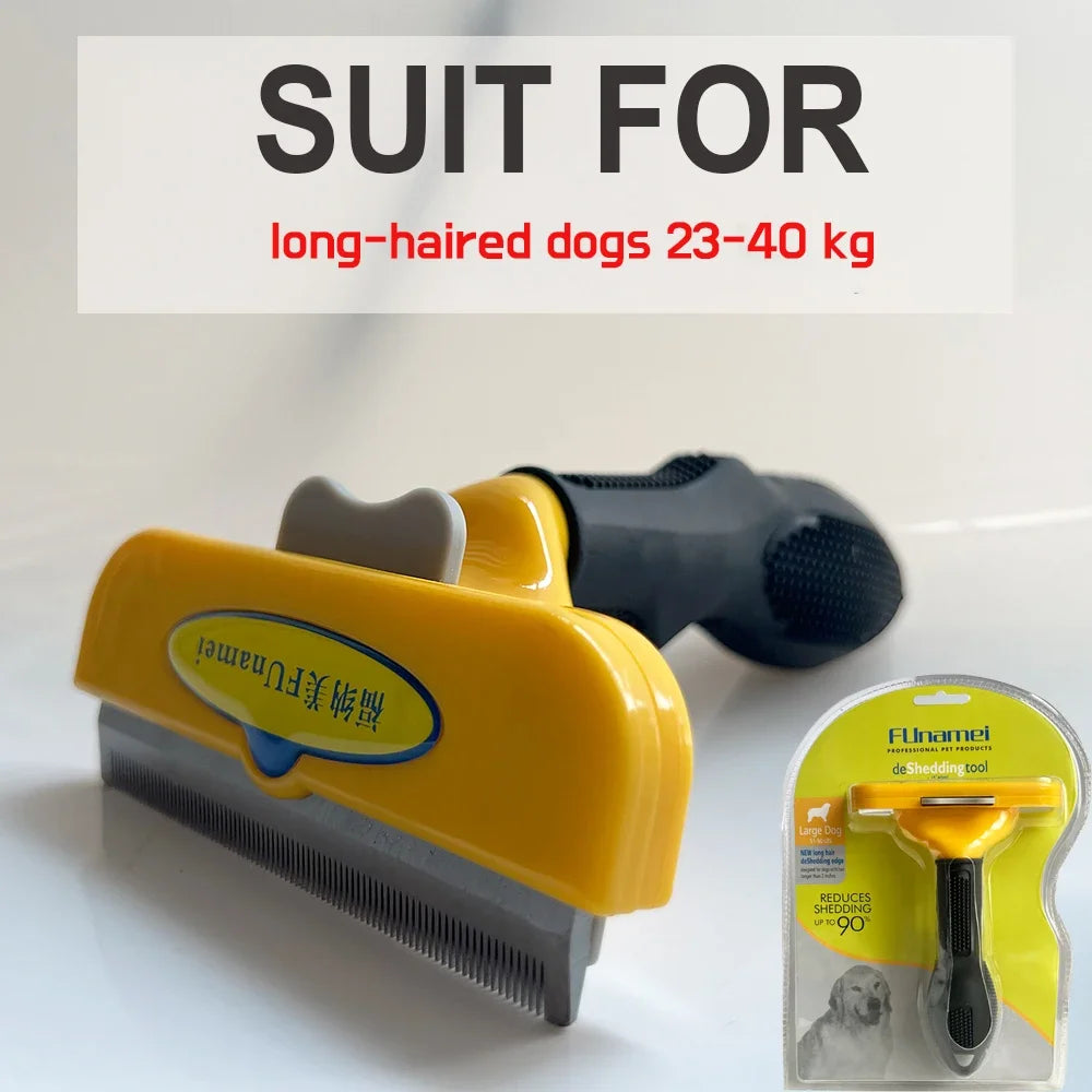 Yellow and black Funamei deshedding tool for large long-haired dogs, with a metal blade and ergonomic handle.