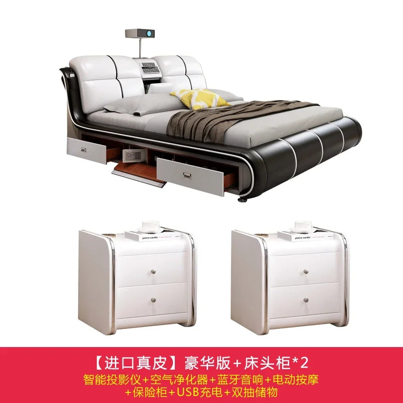 Modern cream and black leather bed frame with integrated storage, smart features, and two matching bedside tables.