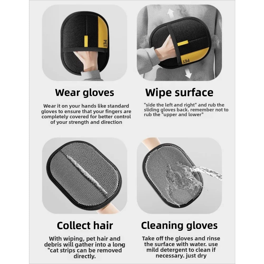 Black and yellow pet hair remover glove with a textured cleaning surface, shown in four usage steps.