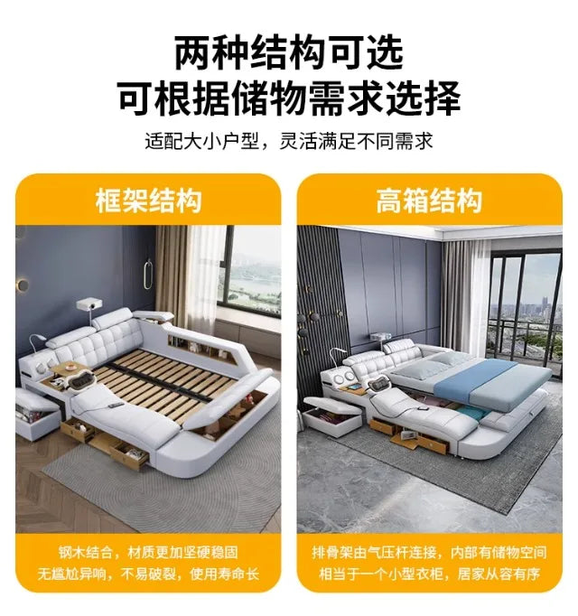 White genuine leather bed frame with integrated storage, shelving, and a modern tufted headboard.