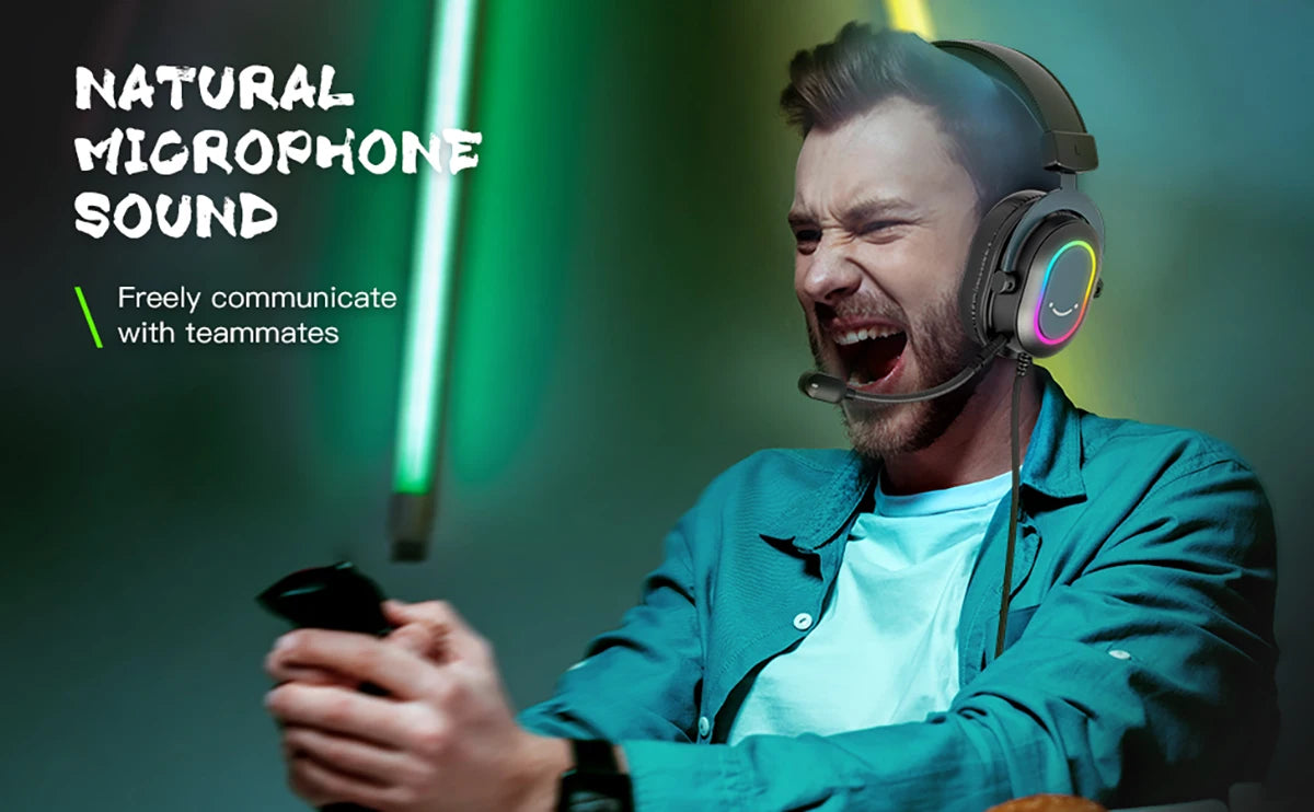 A gamer wearing a sleek, black gaming headset featuring vibrant RGB lighting and a built-in microphone.