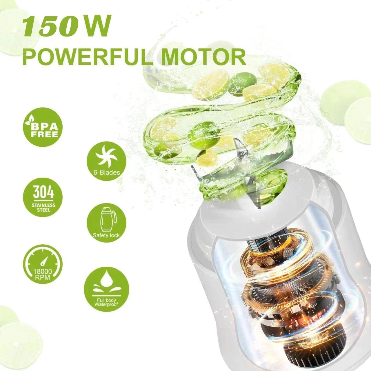 Portable white blender with 6 stainless steel blades, powerful motor, and water-resistant design. Infographic style.