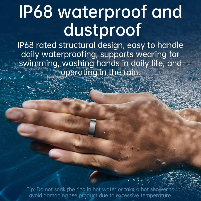 Sleek silver smart fitness and sleep tracking ring worn underwater, highlighting its IP68 waterproof design.