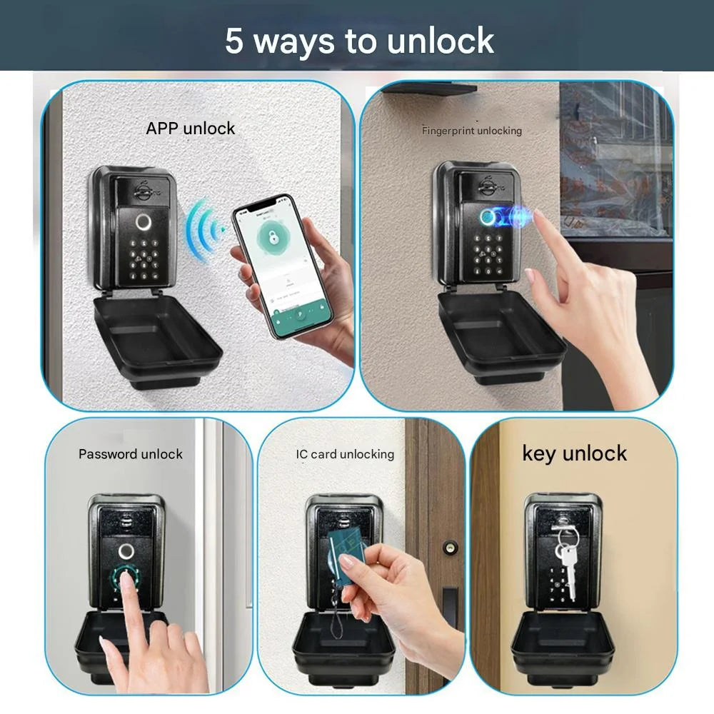 Black metal wall-mounted key lock box with keypad, fingerprint scanner, and app, card, and key access methods.