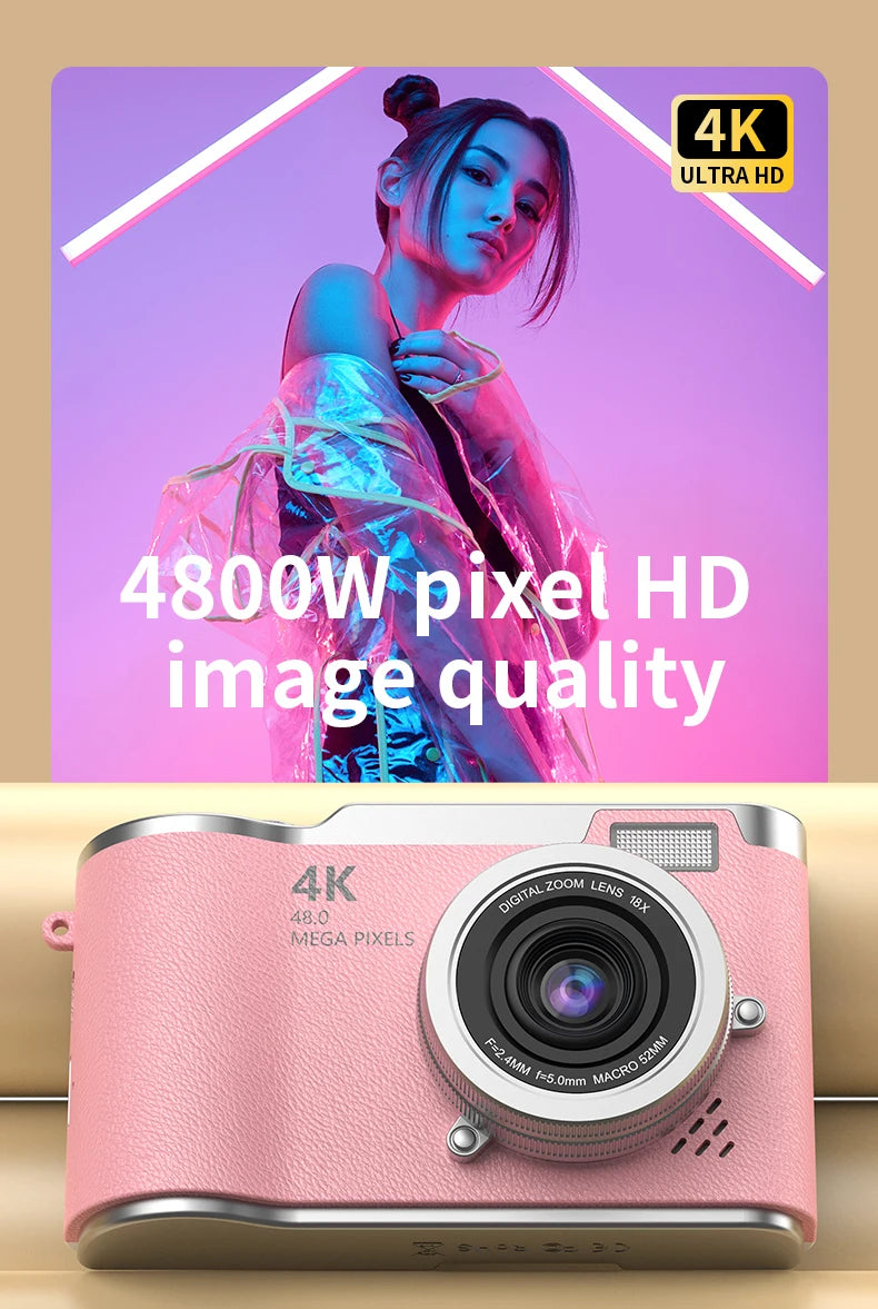 Pink faux leather digital camera with 4K resolution, 48MP lens, 18x digital zoom, and silver metal accents.