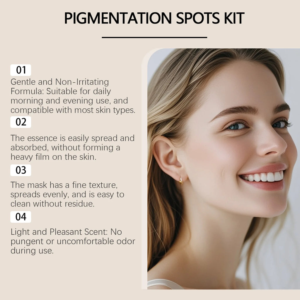 Pigmentation spots skincare kit featuring four key benefits, shown with a smiling woman on a soft neutral background.