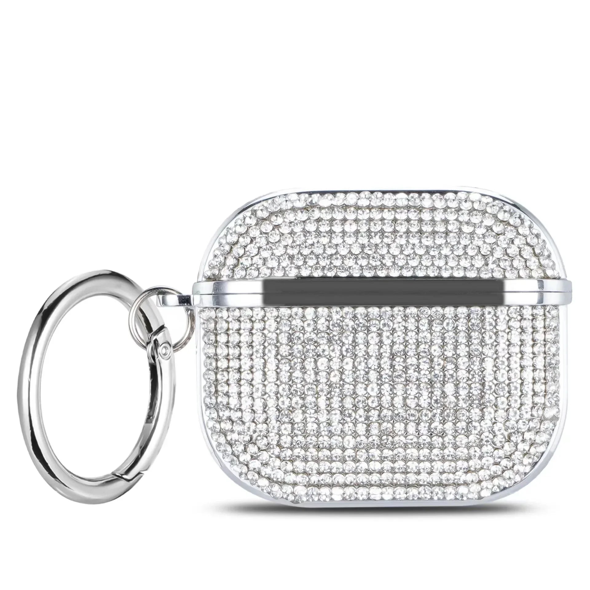 Silver sparkly rhinestone AirPods Pro case with a metallic keychain ring.