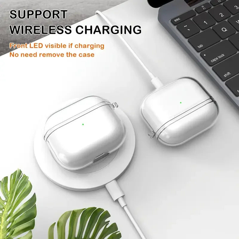 Clear protective case for AirPods on a wireless charging pad. Slim, transparent material with visible LED indicator.