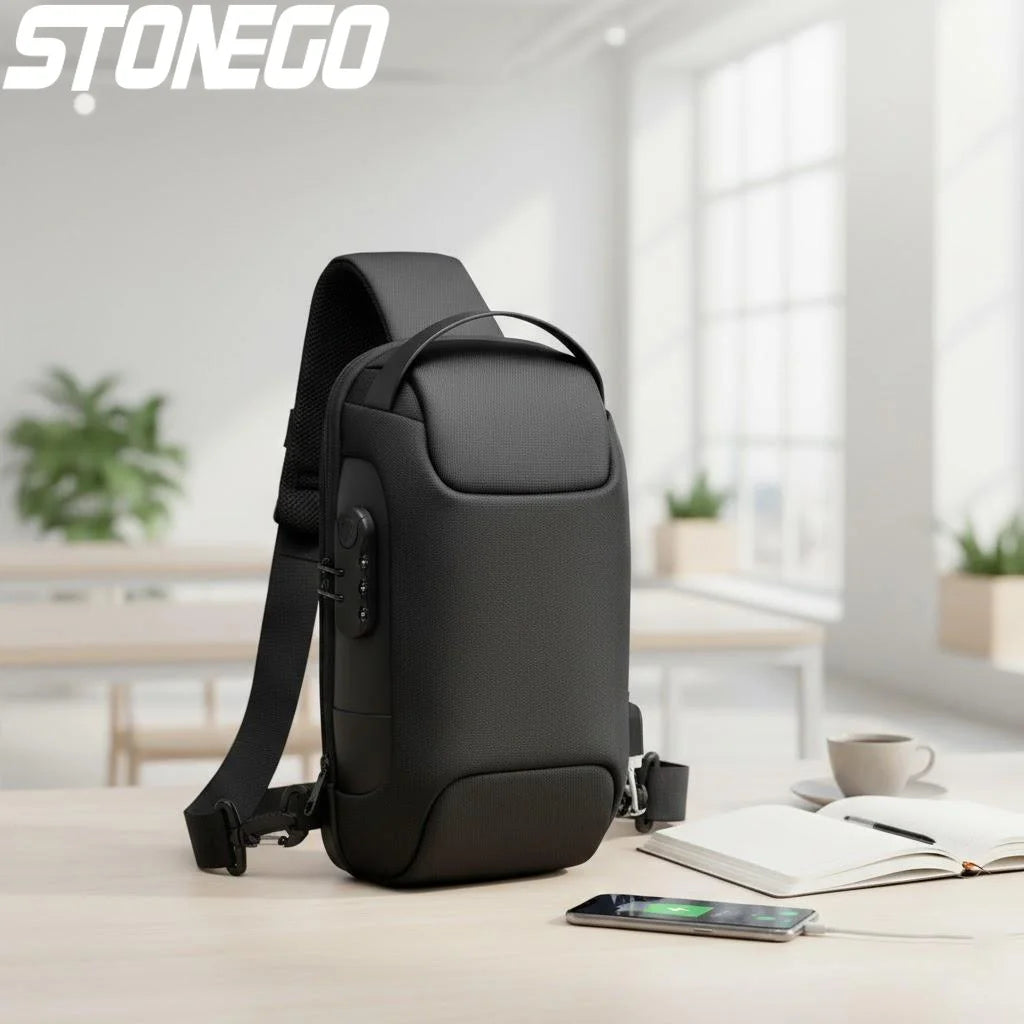 Black waterproof crossbody bag with an integrated USB charging port and anti-theft combination lock.