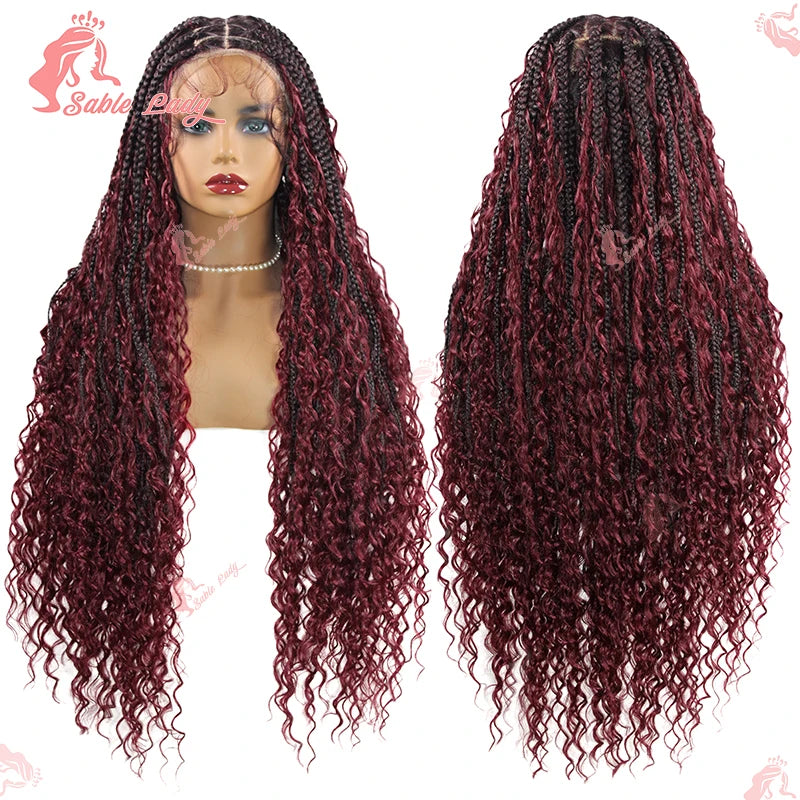 32-inch burgundy knotless box braid full lace wig with curly bohemian ends, shown front and back.