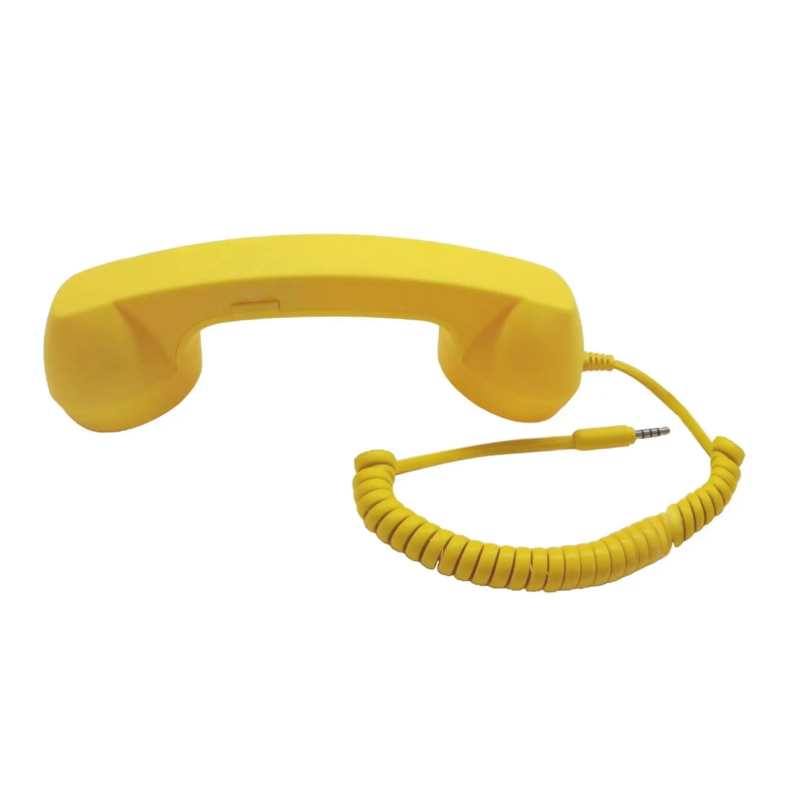 Bright yellow retro-style telephone handset with a coiled cable and 3.5mm jack connector.