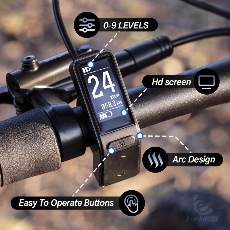 Black SW102 e-bike LCD display mounted on a handlebar, featuring an HD screen and control buttons.