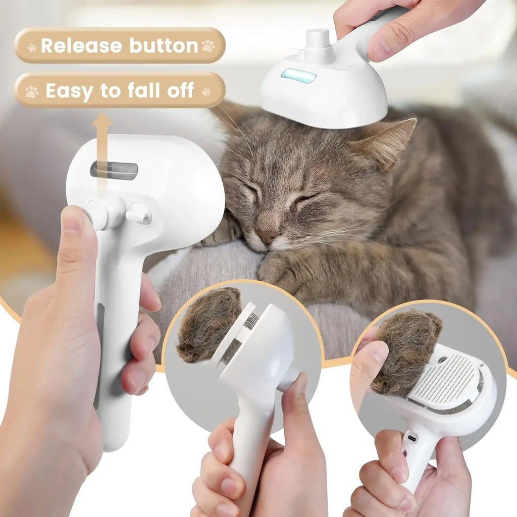 White self-cleaning pet grooming brush with a release button, shown grooming a cat and removing collected fur.