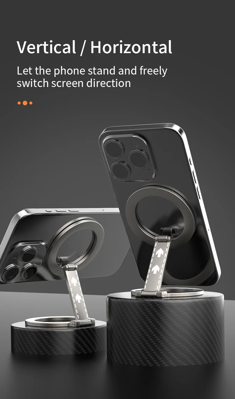 A grey, foldable magnetic ring phone stand showing both vertical and horizontal orientations on a dark background.