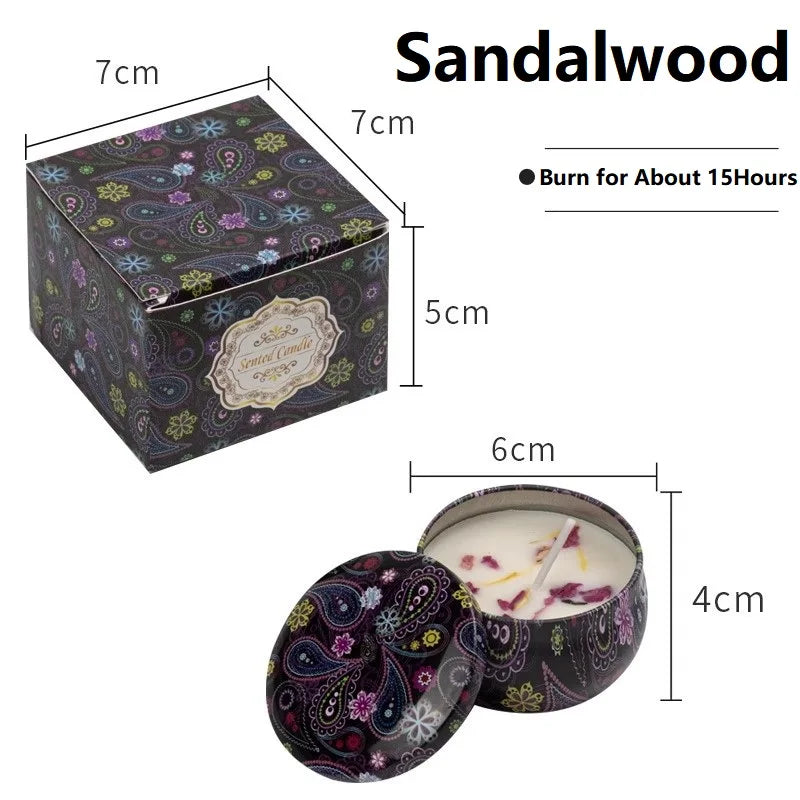 Sandalwood scented candle in a decorative paisley tin with matching box, 15-hour burn time, 4cm high.