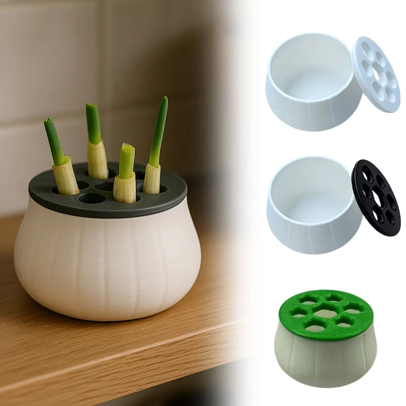 3D-printed hydroponic pots for green onions, featuring white bowls with various colored lids for plant propagation.