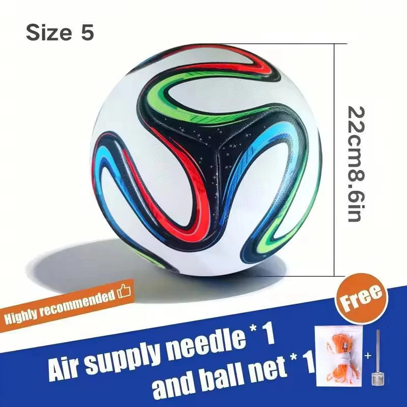 Size 5 white football with colourful swirling patterns, including a free pump needle and carry net.