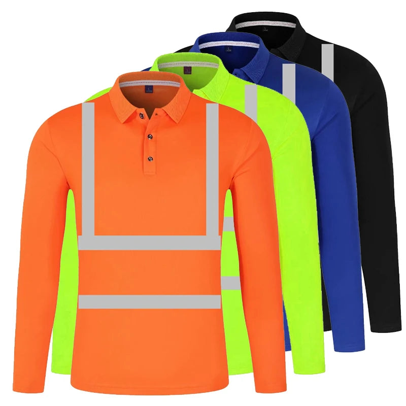 Four long-sleeved polo shirts with reflective strips, available in orange, yellow, blue, and black.
