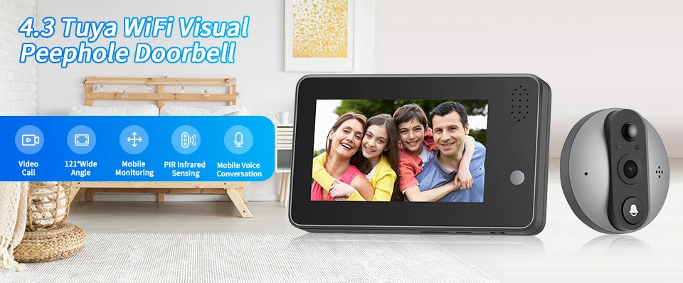 Black digital door peephole camera with display screen and external lens. Features night vision and video call.