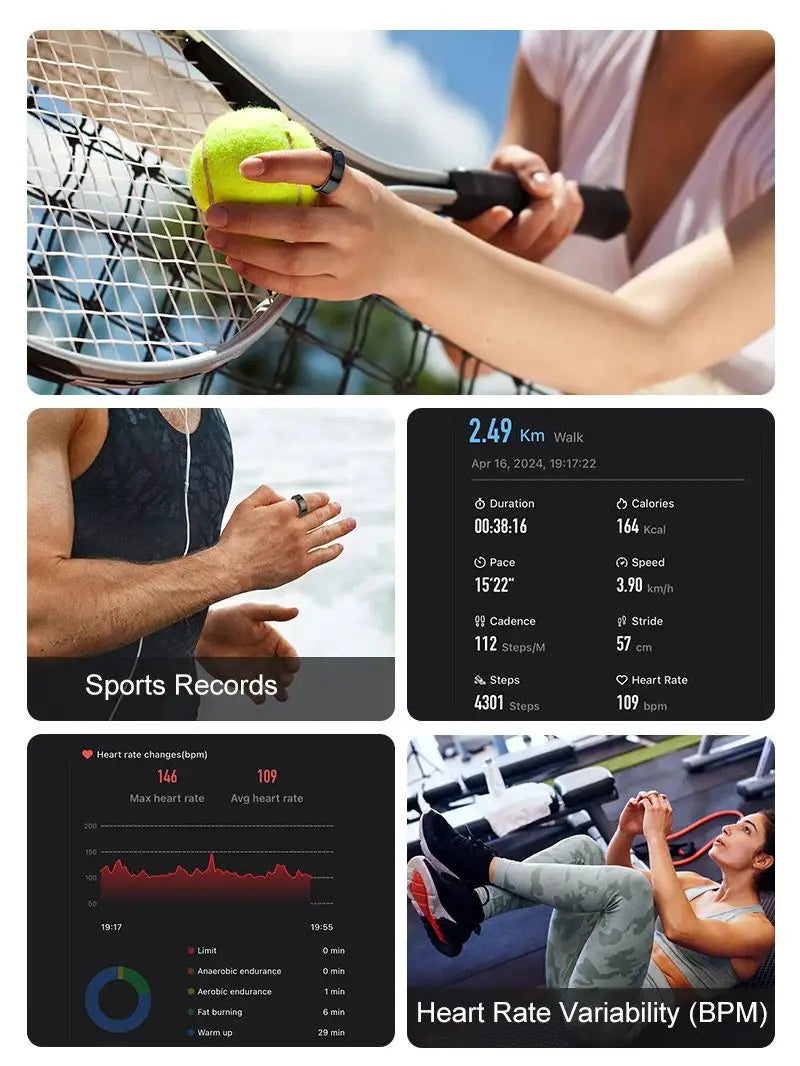Sleek black smart ring showing fitness, heart rate and sleep tracking stats on a smartphone app during sports activity.