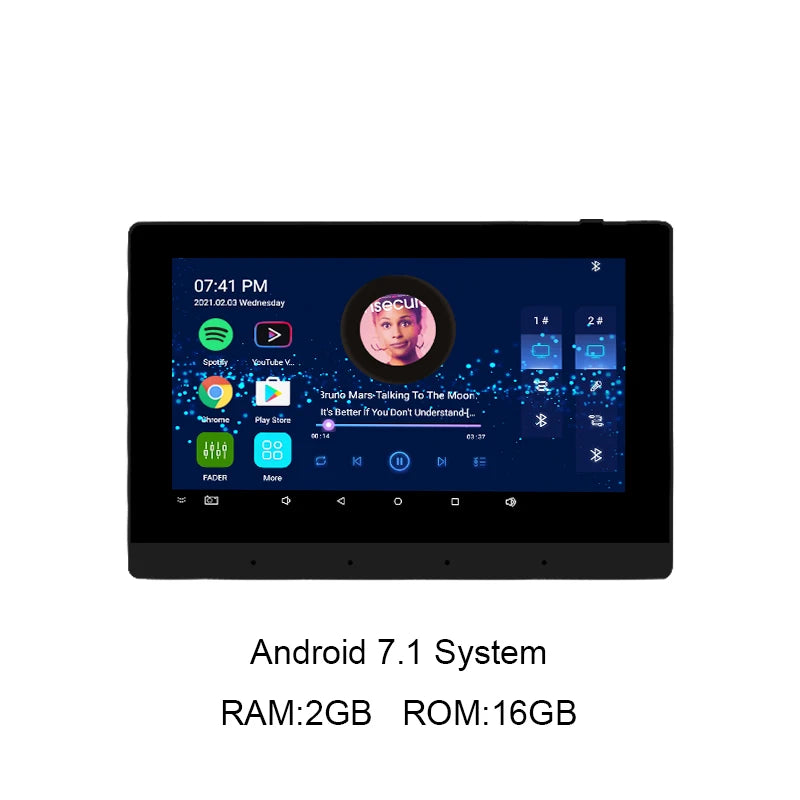 Black 7-inch wall-mounted Android touch screen amplifier with digital interface, app icons, and Bluetooth music controls.