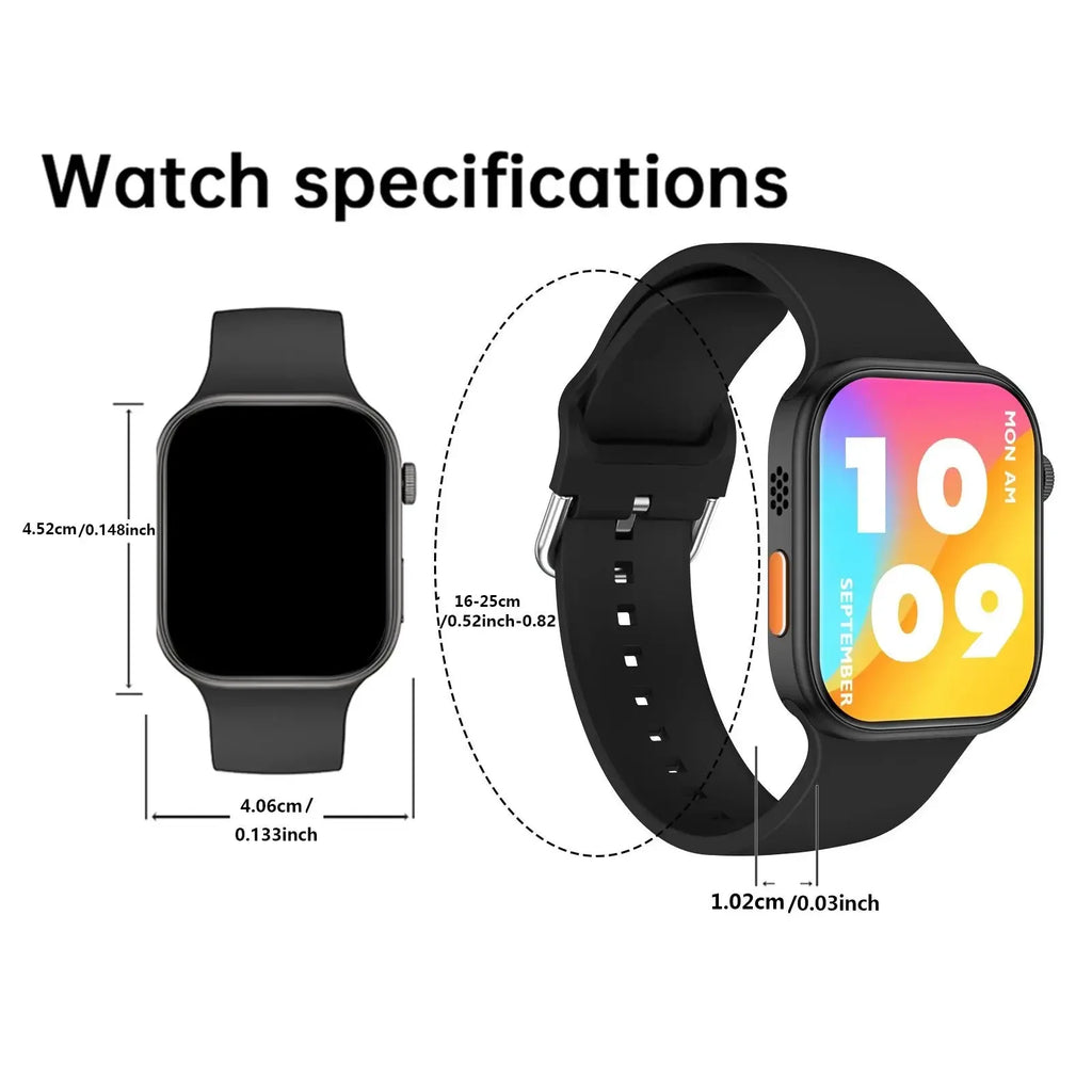 Black multi-sport smartwatch with a colourful digital display, silicone strap, and detailed size specifications.