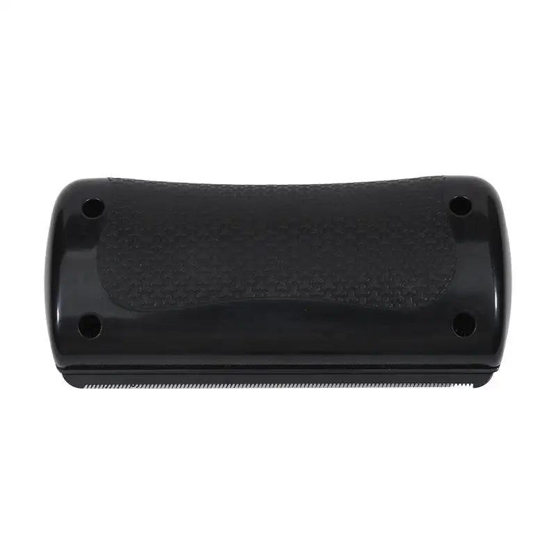 Black plastic electric shaver replacement foil head with textured grip and four screw holes, isolated on white.